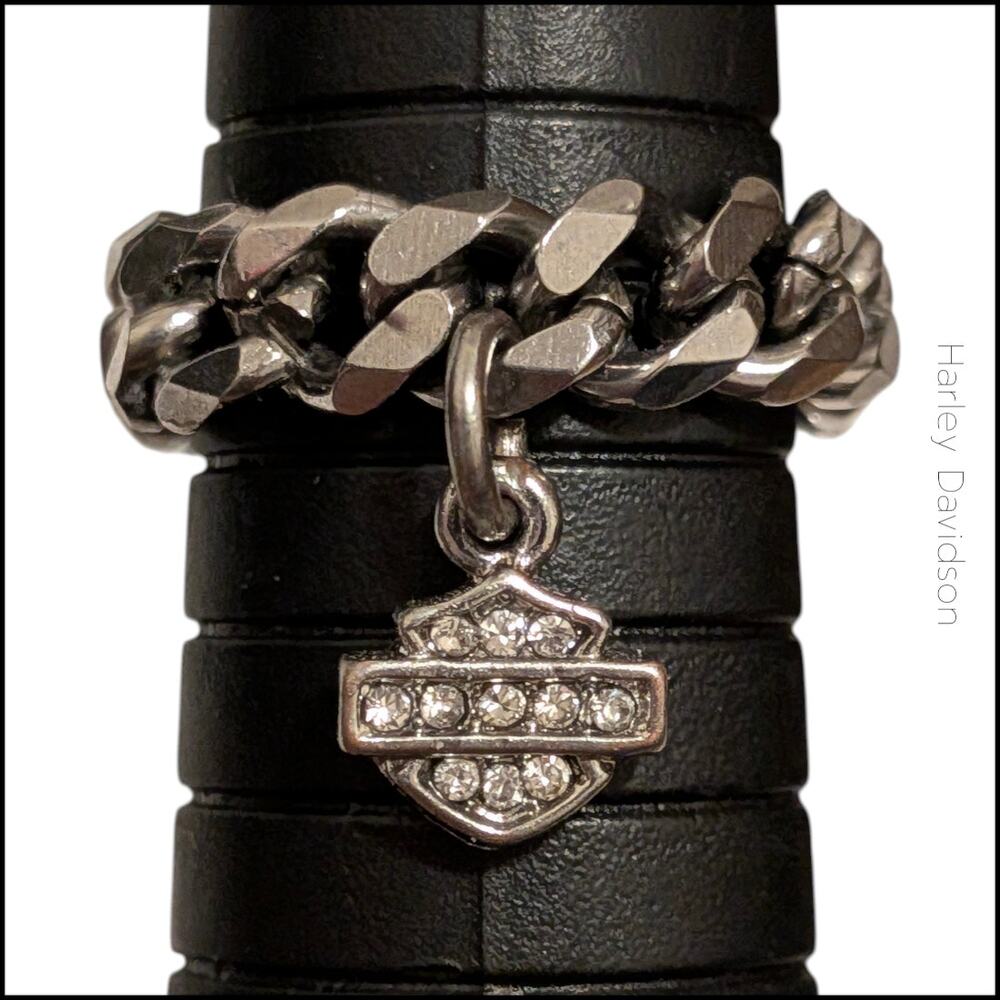 HARLEY DAVIDSON Dangling Bar & Shield Rhinestone Charm Cuban Link Chain Ring 8.5
